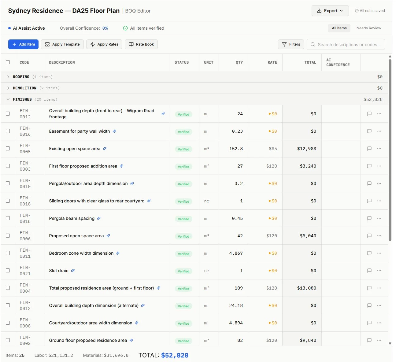 BOQ editor — categorised, coded line items with quantities, rates and live totals