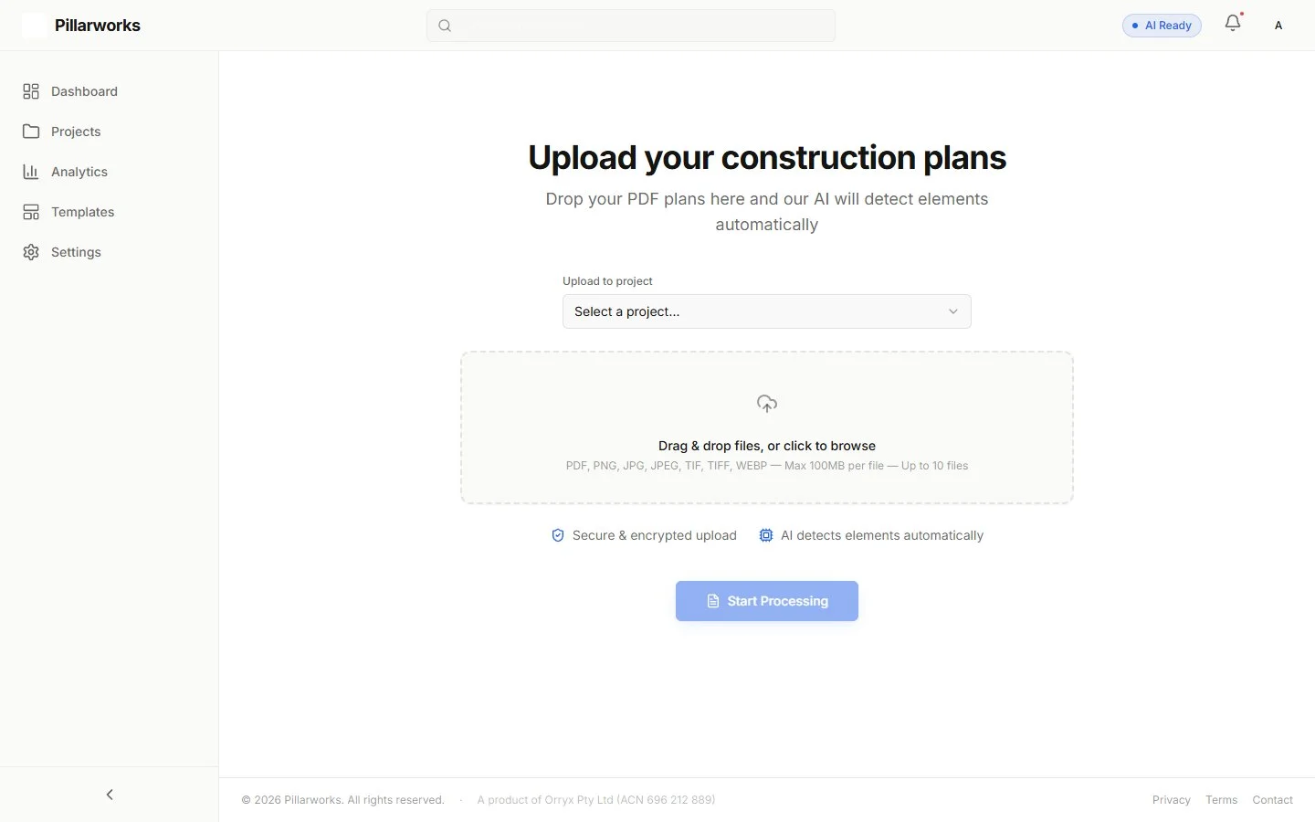The Pillarworks upload screen — drag and drop a PDF plan set for AI extraction